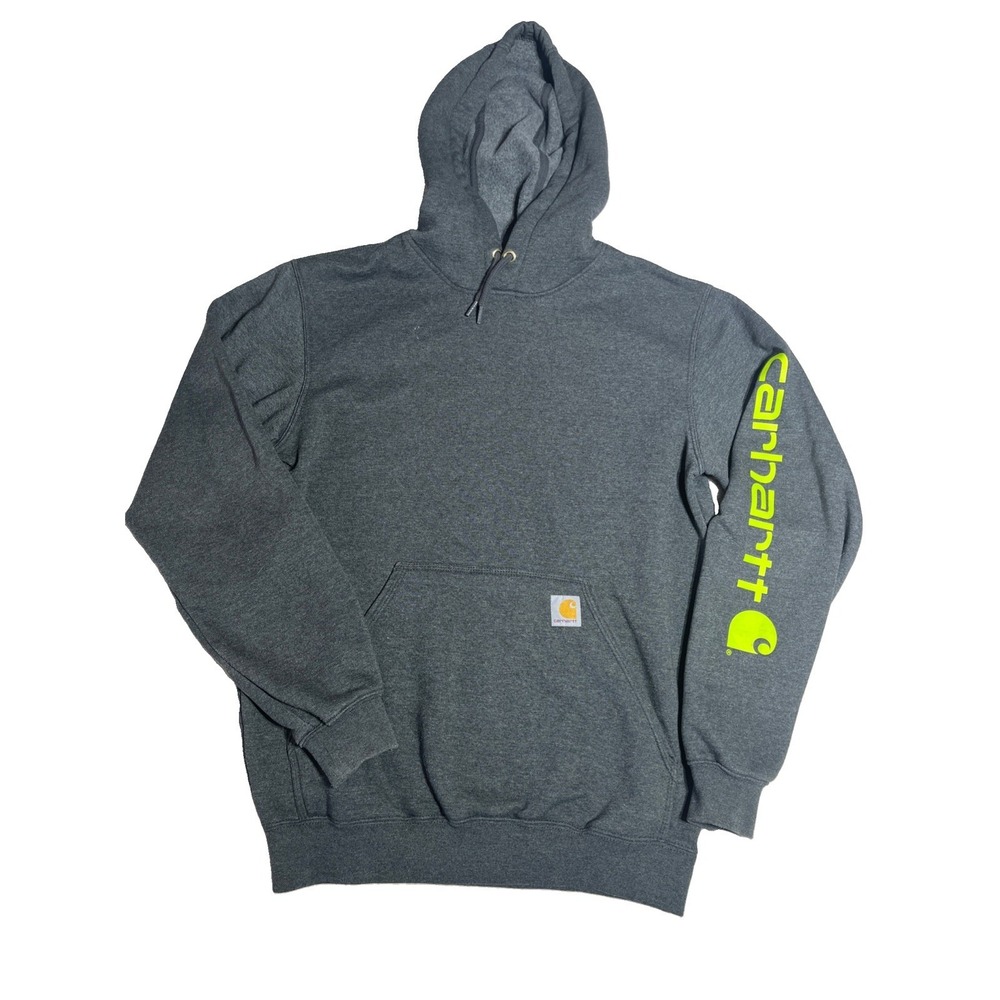 Carhartt Hoodie Mens Small Gray Loose Fit Sleeve Logo Fleece Pullover Sweatshirt